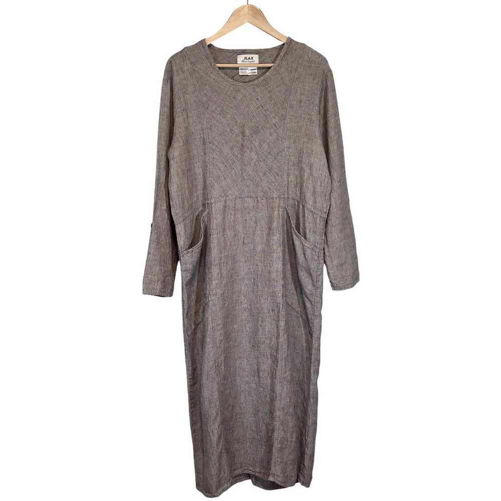 Vtg FLAX Engelhart 100% Linen Maxi Dress Small Earthy Lagenlook Pockets Minimal